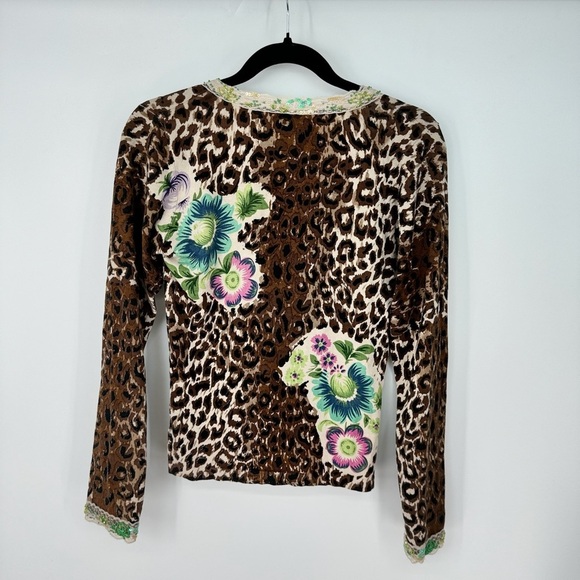 Cheetah Print Y2K Cool Girl Beaded Sequin Lace Gem Button Cardigan - Picture 3 of 3